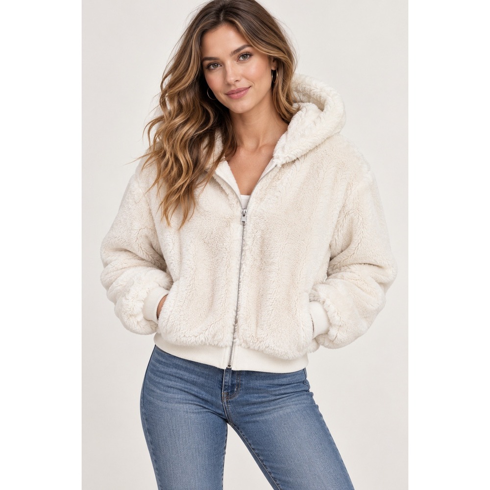 Topshop Fuzzy Faux Fur Hoodie Jacket Cream Cozy Soft Girl Casual Chic Size 0-2